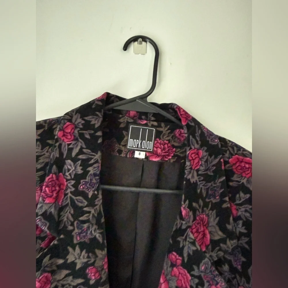 VTG Mark Alan Blazer Jacket Black Gray Pink Floral Size 8 M Lined Pockets Cotton - Picture 4 of 8